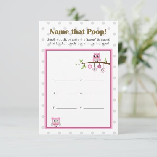 フクロウをテーマにした赤ちゃんシャワー「そのウンチに名前を！」 ゲーム 招待状 (スタンド正面)