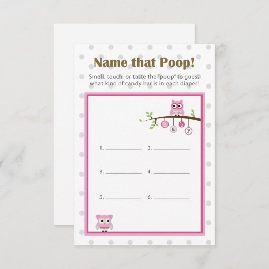 フクロウをテーマにした赤ちゃんシャワー「そのウンチに名前を！」 ゲーム 招待状 (正面/裏面)