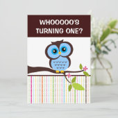フクロウをテーマにした1歳の誕生日パーティーの招待状 招待状 (スタンド正面)