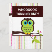 フクロウをテーマにした1歳の誕生日パーティーの招待状 招待状 (正面/裏面)