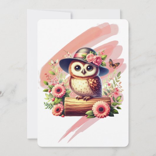 フクロウを丸太に被ったかわいいカスタム帽子 招待状 (裏面)