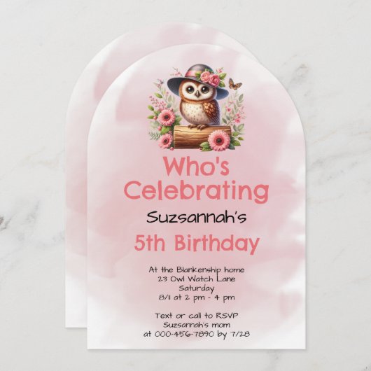 フクロウを履いたキュートな帽子 – 丸太に花を飾る 招待状 (正面/裏面)