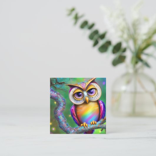 フクロウを探す光沢のある滑らかなガラス スクエア名刺 (スタンド正面)