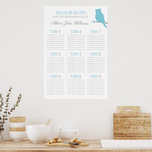 フクロウアクアブルーイベントシーティングテーブルプラン1-9 ポスター (キッチン)