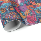フクロウアートスケッチブルーフクロウとピンクの花 ラッピングペーパー (ロールコーナー)