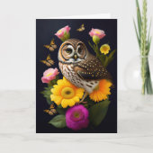フクロウイエローピンクフローラ蝶イラストレーション サンキューカード (正面)