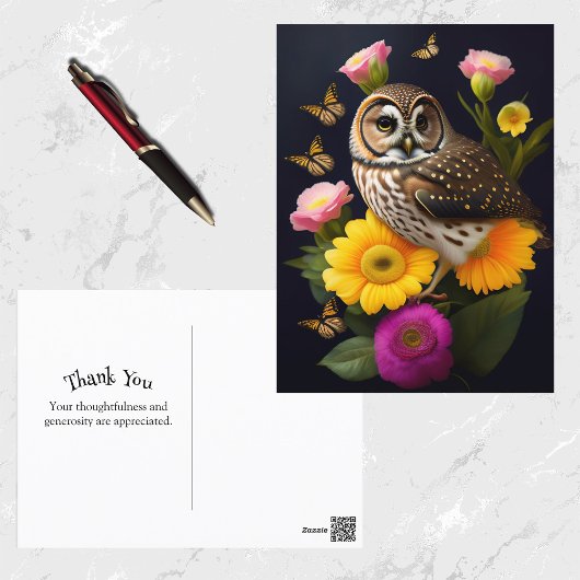 フクロウイエローピンクフローラ蝶イラストレーション ポストカード