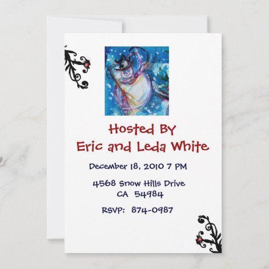 フクロウウィンターホリデーパーティー付き雪だるま 招待状 (裏面)