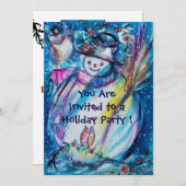 フクロウウィンターホリデーパーティー付き雪だるま 招待状 (正面/裏面)