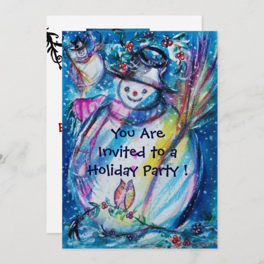 フクロウウィンターホリデーパーティー付き雪だるま 招待状 (正面/裏面)