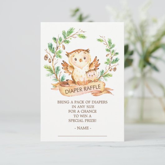 フクロウウッドランド赤ちゃんシャワーおむつラッフルチケット エンクロージャーカード (スタンド正面)