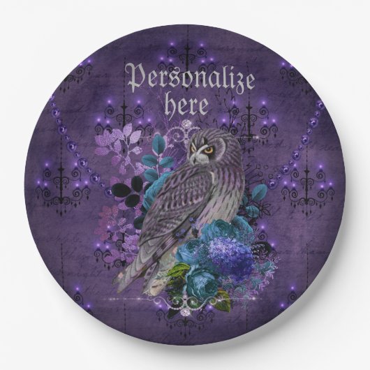 フクロウエレガントフローラヴィンテージシャンデリアゴシック ペーパープレート (正面)