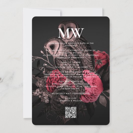 フクロウエレガントル対ゴシッ結婚クのダークピンクのバラ 招待状 (裏面)