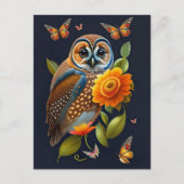フクロウオレンジフローラ蝶イラストレーション ポストカード (正面)