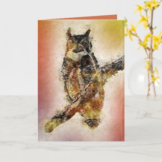 フクロウオンブランチ抽象芸術アート誕生日 カード (黄色い花)