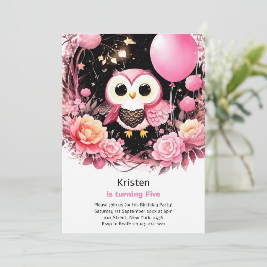 フクロウキッズガール誕生日招待状 招待状 (スタンド正面)