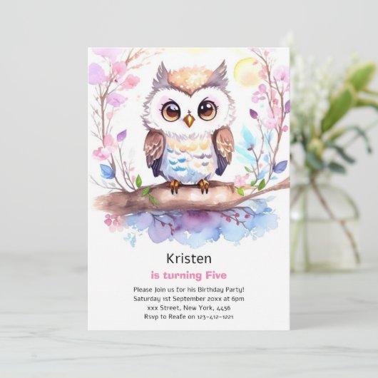 フクロウキッズガール誕生日招待状 招待状 (スタンド正面)