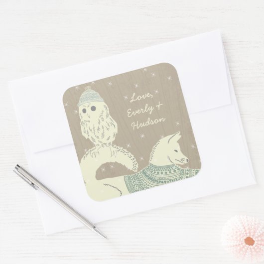 フクロウキツネニット帽とセーターもスター スクエアシール (封筒)