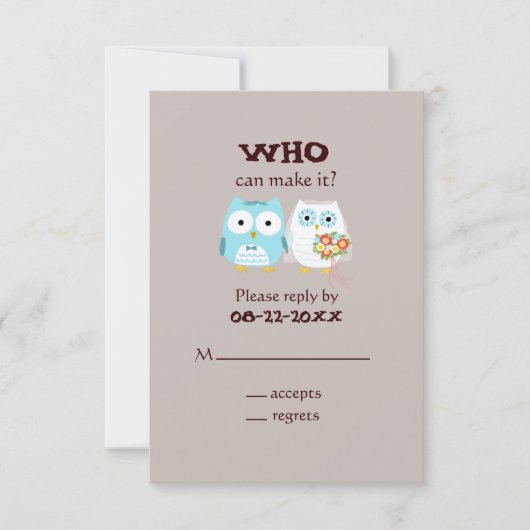 フクロウズ結婚式のRSVP -かわいい新郎新婦 出欠カード (正面)