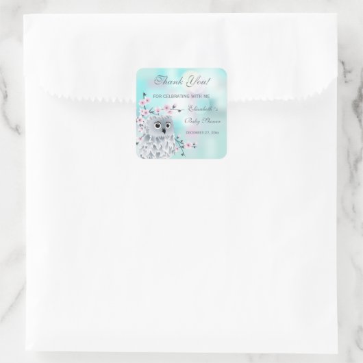 フクロウターコイズ |女の子の赤ちゃんシャワー |ありがとうございます スクエアシール (バッグ)