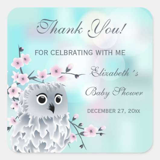 フクロウターコイズ |女の子の赤ちゃんシャワー |ありがとうございます スクエアシール (正面)