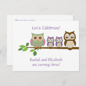 フクロウツインズバースデーパーティー招待状 インビテーションポストカード (正面/裏面)