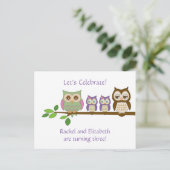 フクロウツインズバースデーパーティー招待状 インビテーションポストカード (スタンド正面)