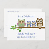 フクロウツインボーイズ誕生日招待状 インビテーションポストカード (正面/裏面)