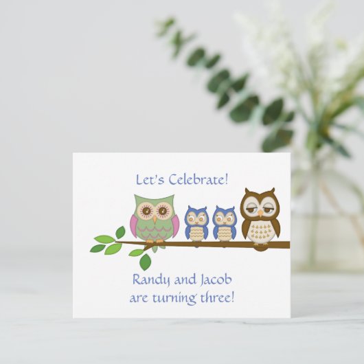 フクロウツインボーイズ誕生日招待状 インビテーションポストカード (スタンド正面)