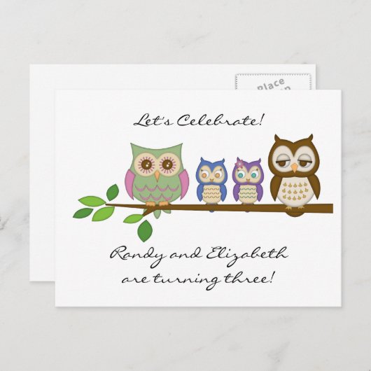 フクロウツイン誕生日カード インビテーションポストカード (正面/裏面)