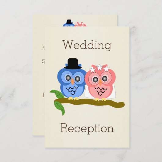 フクロウデザインのシャンパンカラー結婚式の披露宴 招待状 (正面/裏面)