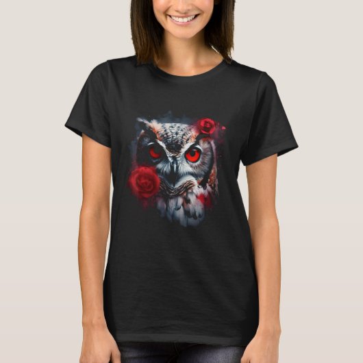 フクロウバラアートワーク動物花文様フクロウ Tシャツ (正面)