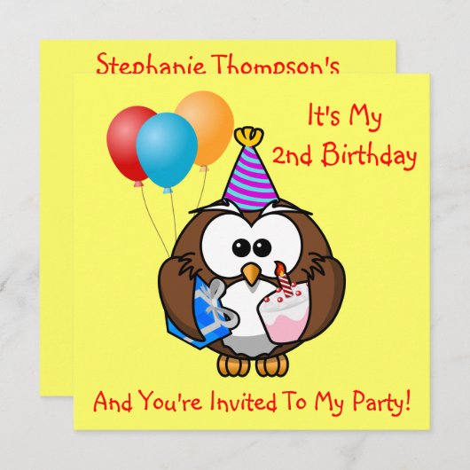 フクロウバルーンケーキ子供の誕生日パーティー年 招待状 (正面/裏面)