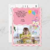 フクロウバルーンピンクギンガム誕生日写真ありがとう ポストカード (正面/裏面)