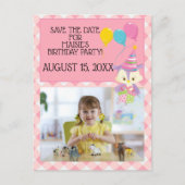 フクロウバルーンピンクギンガム誕生日救写真日付 ポストカード (正面)