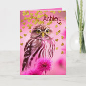 フクロウバレンタインキュートパンピンクガーリー金ゴールドハートおもしろい シーズンカード (正面)