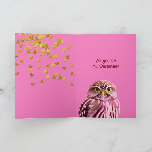 フクロウバレンタインキュートパンピンクガーリー金ゴールドハートおもしろい シーズンカード (内部)