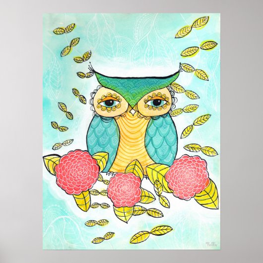 フクロウバードガーデンフォレストウォーターカラーインクアートプリント ポスター (正面)