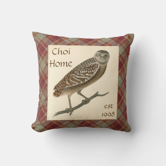 フクロウパーソナライズされたレッドプレイド装飾用クッション クッション (正面)