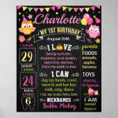 フクロウピンクの最初の誕生日の黒板の看板 ポスター (正面)