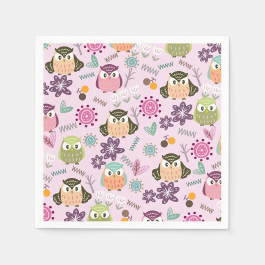 フクロウピンクナプキンズ スタンダードカクテルナプキン (正面)