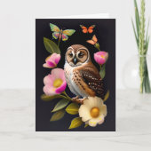 フクロウピンクフローラ蝶イラストレーション サンキューカード (正面)
