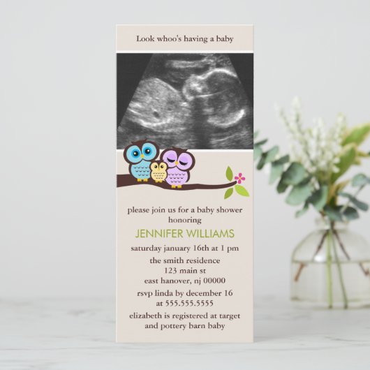 フクロウファミリーソノグラム写真ベビーシャワー招待状 招待状 (スタンド正面)
