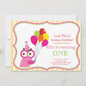 フクロウファースト誕生日ガールパーティの招待状 招待状 (正面)