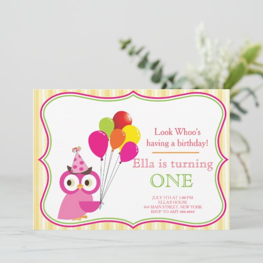 フクロウファースト誕生日ガールパーティの招待状 招待状 (スタンド正面)
