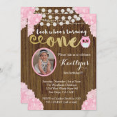 フクロウファースト誕生日ガールフォト招待状 招待状 (正面/裏面)