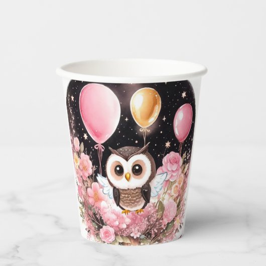 フクロウファースト誕生日紙カップ 紙コップ (正面)