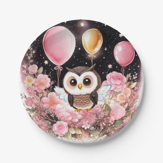 フクロウファースト誕生日紙プレート ペーパープレート (正面)
