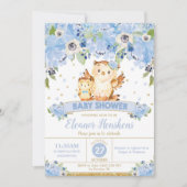 フクロウフローラベビーシャワーブルーフラワーズ男の赤ちゃん 招待状 (正面)