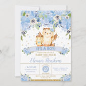 フクロウフローラベビーシャワーブルーフラワーズ男の赤ちゃん 招待状 (正面)